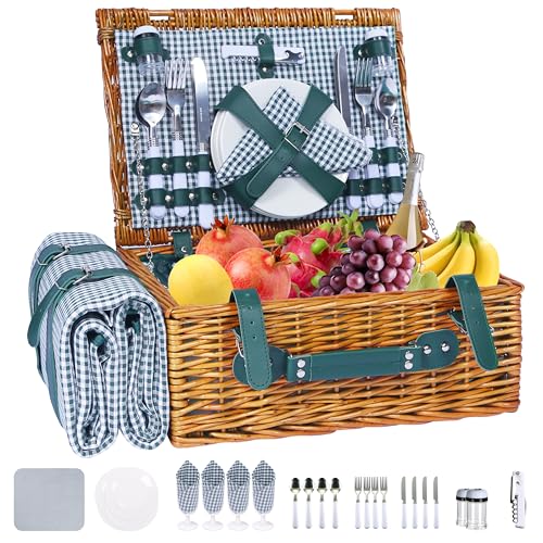 Picnic Basket Set for 4 with Waterproof Blanket Mat Insulation Bag Wicker Green Plaid Classic Cottagecore Gift for Christmas Thanksgiving Wedding Birthday Camp Outdoor Beach Travel - color: Green Plaid 2