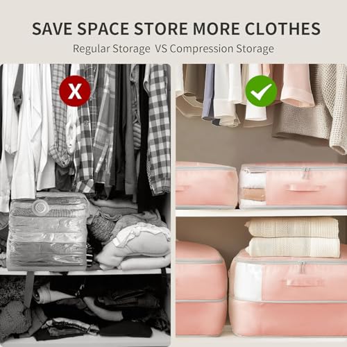 DIMJ Comforter Storage Bag 6 Pack - Blanket Storage Organizer Compression Bags, Large Capacity Ultra Space Saving Self Compression Organize for Bedding, Pillow, Duvet, Sheet Storage with Zipper Window - color: Pink, size: 66L x 6 Pack