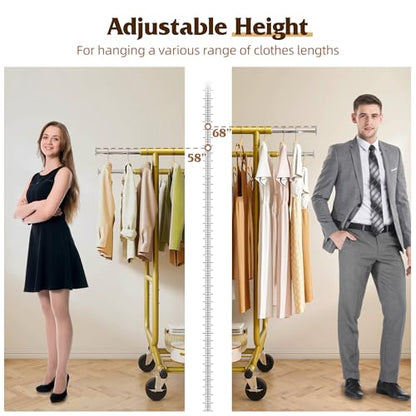 Raybee Clothes Rack Load 650LBS Heavy Duty Clothing Rack, Collapsible Clothes Racks for Hanging Clothes with Adjustable Height & Double Rods, Commercial Garment Rack with Wheels, Easy Assembly, Gold - color: Gold