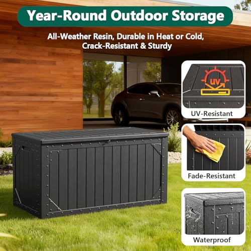 100 Gallon Outdoor Storage Box, Waterproof Resin Deck Box Organizer for Patio Cushion Storage, Lockable Outside Container for Garden Tools
