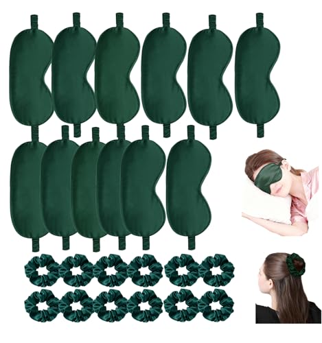24Pcs Satin Eye Mask Silk Sleep Masks Silky Eyes Cover Blackout Blindfold Eyeshade Scrunchies Hair Ties Travel Wedding Gift - color: Evergreen