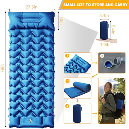 Inflatable Camping Mat, Ultra-Lightweight Sleeping Pad with Built-in Pillow & Foot Pump, Camp Pads for Backpackers, Hikers & Outdoor Enthusiasts, Easy to Carry, Gifts - color: Blue+grey