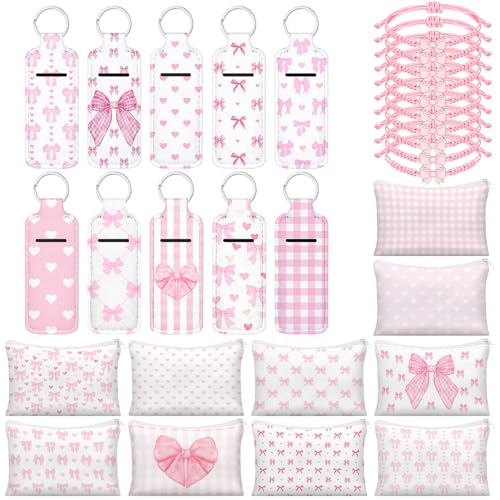 Hillban 30 Pcs Pink Bow Party Favors 10 Coquette Canvas Makeup Bags 10 Pink Bow Lipstick Keychains Holder and 10 Braid Bracelets Gift Bulk for Women Guests Coquette Birthday Party Decorations Supplies