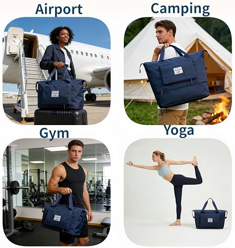 Large Capacity Foldable Travel Bag, Expandable lightweight Carry on Bag, Dry with Wet Separation Spor Duffel Bags (Dark Blue) - color: Dark Blue