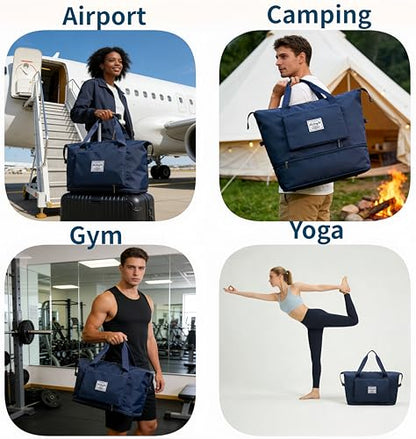 Large Capacity Foldable Travel Bag, Expandable lightweight Carry on Bag, Dry with Wet Separation Spor Duffel Bags (Dark Blue) - color: Dark Blue