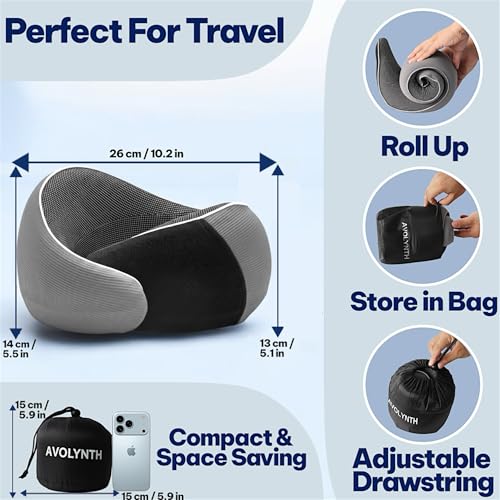 Memory Foam Travel Neck Pillow for Airplane & Neck Pain Relief – 360° Ergonomic Support with Eye Mask & Ear Plugs – Soft Breathable Cover – Ideal for Plane, Car, Office & Home