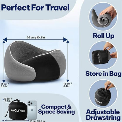 Memory Foam Travel Neck Pillow for Airplane & Neck Pain Relief – 360° Ergonomic Support with Eye Mask & Ear Plugs – Soft Breathable Cover – Ideal for Plane, Car, Office & Home