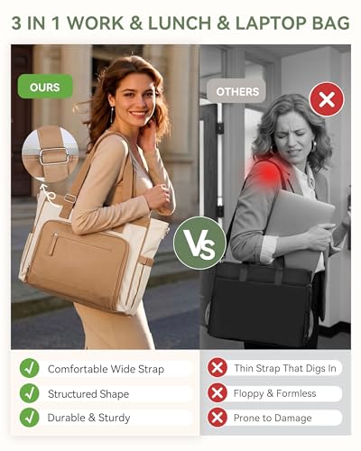 HOMESPON Lunch Bag, 24.5L Large Tote Bag for Women, Laptop Bag Fits 15.6" with Insulated Lunch Compartment & Shoulder Strap, Work Tote for Nurse, Teacher, Office, Commute, Travel, Beige-brown - color: Brown