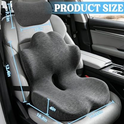3-in-1 Memory Foam Seat Cushion & Headrest Pillow with Lumbar Support L-Shaped Ergonomic Driver Seat Cushions Design for Sciatica and Tailbone Pain Relief Comfort for Car,Truck,Chair - size: 18.3''x15.35''x12.4''