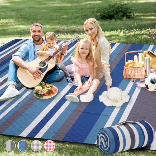 Picnic Blankets Outdoor Extra Large - 80"x80" Waterproof Beach Blanket, Machine Washable 3-Layer Foldable Park Mat with Sandproof Backing for Grass, Hiking, Travel, Concerts, Indoor (BlueStrip) - color: Blue