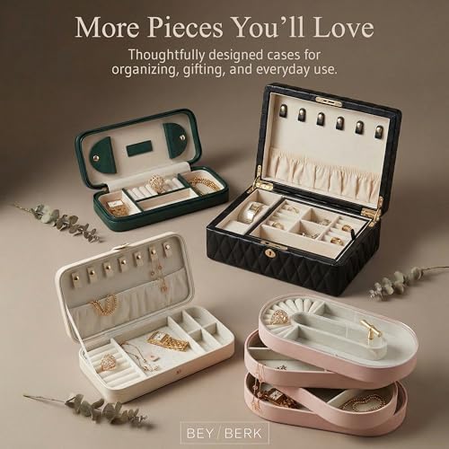 Bey-Berk Diamond-Quilted Leather Travel Jewelry Case, Cream, 9" x 4" x 1.75" - color: Cream