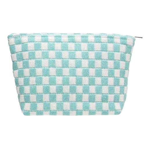 PAZIMIIK Knitted Checkered Makeup Bag Large Zipper Make Up Accessory Pouch for Purse Cosmetic Brush Bag for Travel Essential Arctic Blue - color: ARCTIC BLUE, size: 1PCS FLAT POUCH