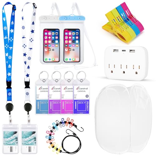 15 PCS Cruise Ship Essential Includes Cruise Luggage Tags, Cruise Lanyard, Waterproof Phone Bags, Travel Clothesline, Pop Up Hamper, Towel Clips, Power Strip for Carnival Essentials Kit - color: White