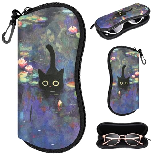 Sunglasses Case with Belt Clip, Ultra Light Neoprene Zipper Soft Padded Glasses Case for Women Men - color: Cute Cat