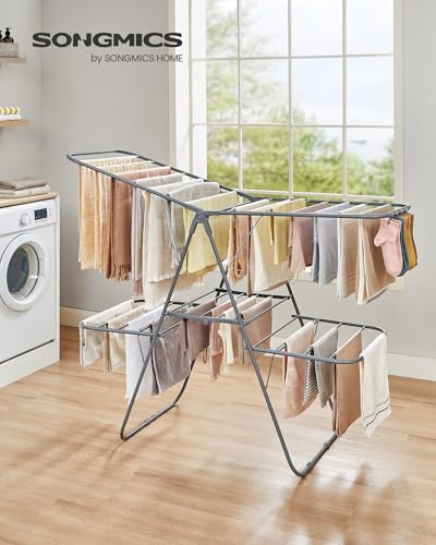 SONGMICS Clothes Drying Rack, Foldable 2-Level Laundry Drying Rack, Free-Standing Laundry Airer, with Height-Adjustable Wings, 33 Drying Rails, Sock Clips, Gray ULLR053G02V1 - color: Gray, size: 2 Tiers（22"d x 61.8"w x 64.3''h )