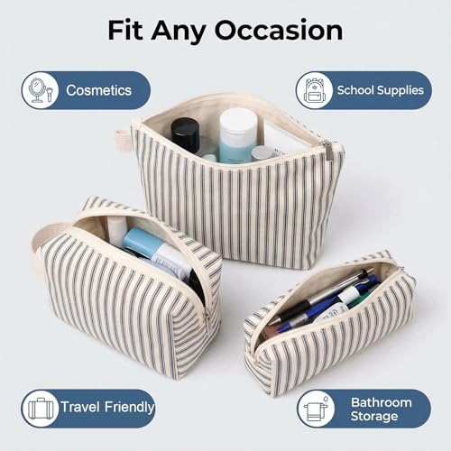 3 Pcs Canvas Makeup Bag Set Cosmetic Pouch for Women Travel Toiletry Bag Cute Makeup Organizer Purse Pouch Preppy Pencil Case with Zipper (Blue Pinstripes) - color: Blue Pinstripes