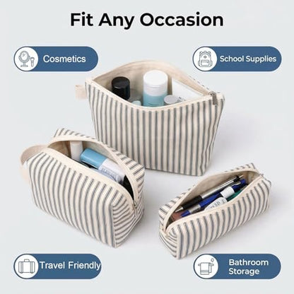 3 Pcs Canvas Makeup Bag Set Cosmetic Pouch for Women Travel Toiletry Bag Cute Makeup Organizer Purse Pouch Preppy Pencil Case with Zipper (Blue Pinstripes) - color: Blue Pinstripes