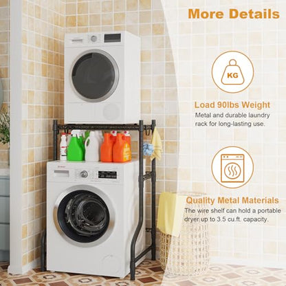 ULIFHOME U16 Upgraded Washer Dryer Stacking Rack for Narrow Laundry Room and Bathroom, Metal Over Washer and Dryer Storage Shelves for Saving Space, 29.5" W x 23.6" D x 53.1" H, Black - color: Black