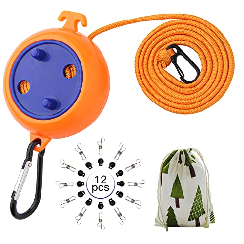 Portable Travel Clothesline Cord, Caudblor Adjustable 33ft Camping Clothes line, Laundry Drying Rope for Hotel Trip, Cruise, Outdoor/Indoor, with 12Pcs Stoppers, Windproof Clothespins - style: Orange