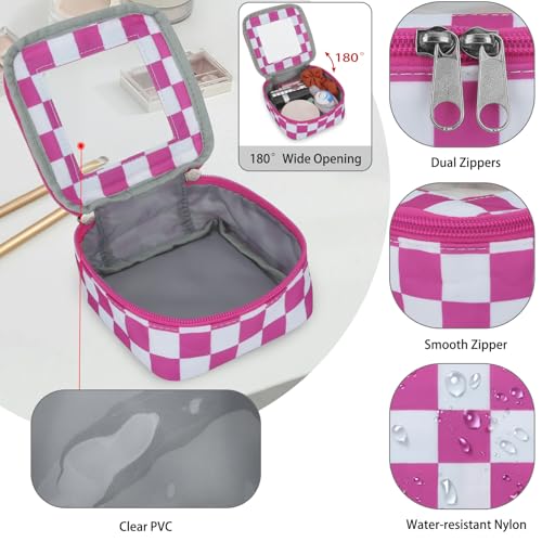 DOB SECHS Mini Checkered Bag for Purse 5.1'' x 5.1'' Small Makeup Bag for Car Cute Clear Cosmetic Bags with Zipper, Tiny Toiletry Bag Lipstick Organizer Pouch Travel Essentials Storage Pouch, Hot Pink - color: Hot Pink