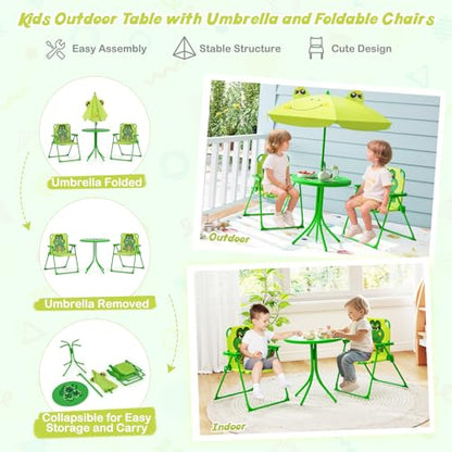 HONEY JOY Kids Picnic Table, Animal Themed Toddler Outdoor Table and Chair Set, 2 Folding Chairs & Removable Umbrella, Children Outdoor Furniture for Backyard Patio Garden (Light Green Frog) - color: Light Green Frog