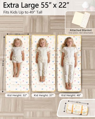 Primlect Thickened Toddler Nap Mat with Removable Pillow and Minky Blanket, Extra Large 55''x35'' Sleeping Bag, Washable, Roll up, Perfect for Daycare, Preschool, Kindergarten, Boys and Girls Beige - color: Beige