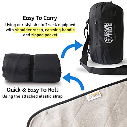 BRAWNTIDE Large Waterproof Outdoor Blanket, Extra Thick Fleece, Warm, Windproof & Sandproof, Quilted Stadium Blanket for Sports Events, Beach, Camping, Picnics, Dogs & Car, 82" x 55 - color: Black