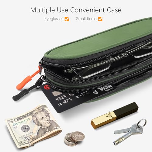 Double Eyeglasses Case Soft Portable Zipper Sunglasses Pouch with Keychain Clip for Men Women - color: Army Green