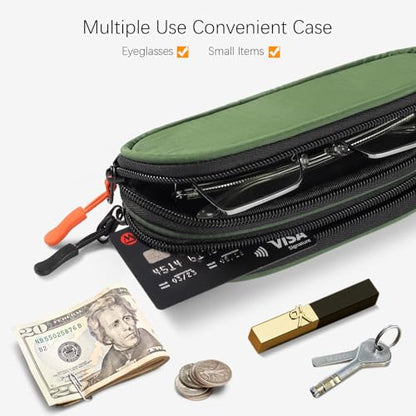 Double Eyeglasses Case Soft Portable Zipper Sunglasses Pouch with Keychain Clip for Men Women - color: Army Green