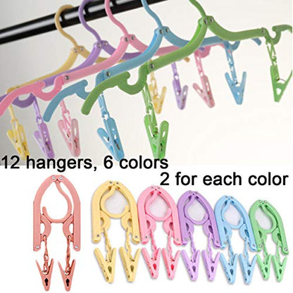 YOUOWO 12 Pcs Travel Hangers with 24 Pcs Clips,Portable Foldable Clothes Hangers for Scarves Suits Trousers Pants Shirts Socks Underwear - size: 12 Pack Hanger without Clothesline