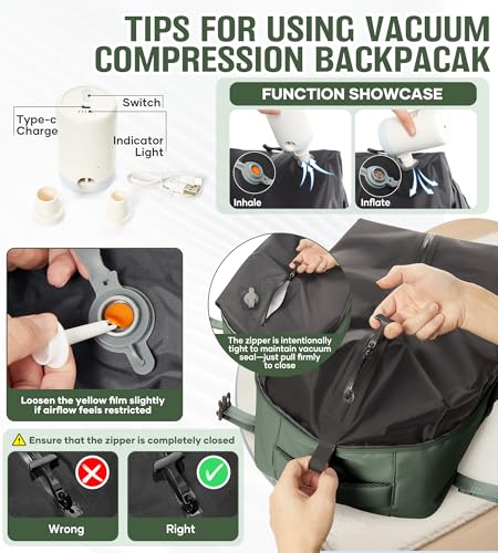 BOXSAM Large Vacuum Travel Backpack with Pump for Women, Personal Item Carry on Backpacks Flight Approved 18x14x8 inches for Men,Laptop Waterproof Work Compression bags Casual Daypack,BrownGreen - color: Browngreen