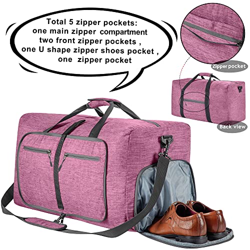 Vomgomfom 65L/85L/115L Foldable Travel Duffle Bag, Lightweight Checked Luggage with Shoe Compartment, Water-Resistant Weekender Overnight Bag for Men & Women - color: J Light Purple, size: 85L