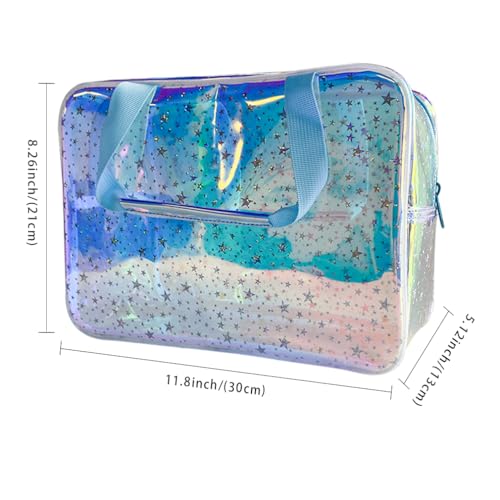 TPU Holographic Blue Clear Star Large Cosmetic Bag and Travel Pouch with Handle,Durable TPU Material,Zipper Design-Ideal for Makeup,Travel Essentials (Holographic Blue) - color: Holographic blue