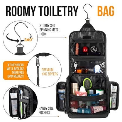 AvaJex Travel Toiletry Bag for Men - Large Dopp Kit (10.6"x10.6"x3.2") - Hanging Waterproof Mens Hygiene Organizer Bag with XXL Metal Swivel Hook, Sturdy Zippers and 19 Compartments for Toiletries - color: L Jet Black