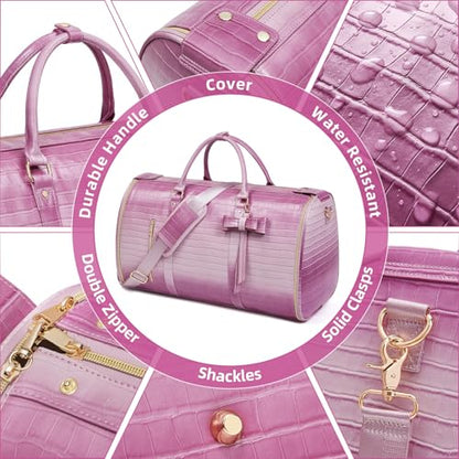 Garment Bags for Travel, 2-in-1 Convertible Travel Garment Duffle Bag for Women, Foldable Carry On Garment Bag with Shoe Compartment & Toiletry Pocket, PU Leather Weekender Bag, Pink-White - color: Pink-White