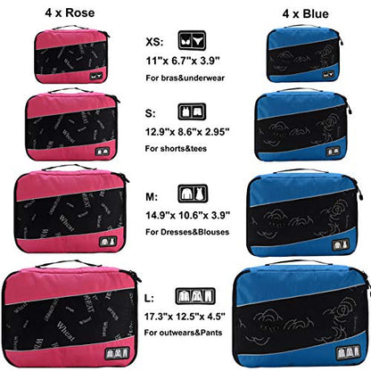 Packing Cubes Luggage Bags Organizer Durable Travel Accessories With Clothing Label - color: 8 set - Rose/Blue