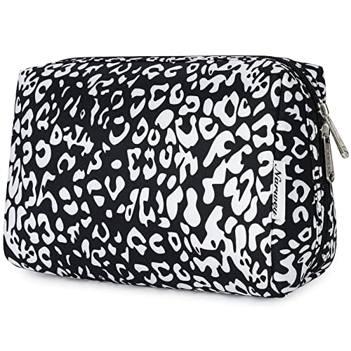 Narwey Cute Cheetah Makeup Bag Travel Cosmetic Bag Organizer Toiletry Bag Make Up Bags with Compartments for Women Girls (Large, Black Leopard) - color: Black Leopard, style: Large