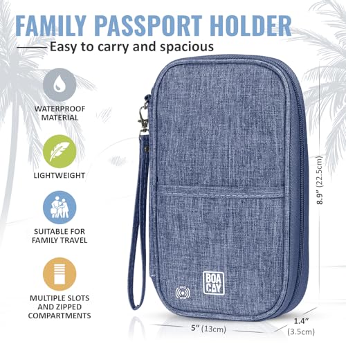 BOACAY Travel Document Organizer with RFID, Family Passport Holder, Wallet for Women & Men, Portable & Waterproof Case for Cards, Boarding Pass, Money - color: Violet Blue