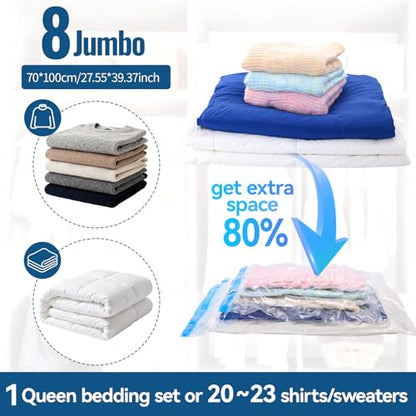 Jumbo Vacuum Storage Bags with Electric Pump, 8 Pack | Stores Pillows & Comforters, 8 Jumbo Bags, Electric Pump Included, Reusable Double-Seal Storage Bags - size: 8 Jumbo