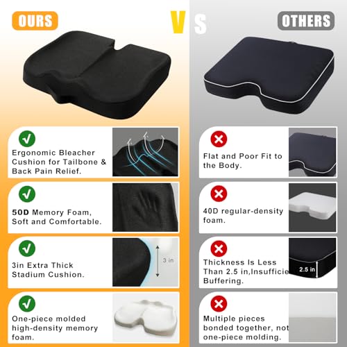 Stadium Seat Cushion, Extra Thick 50D High-Density Bleacher Cushion with Carry Handle, Non-Slip Water-Resistant Stadium Cushions for Bleachers & Outdoor Events(2-Pack)