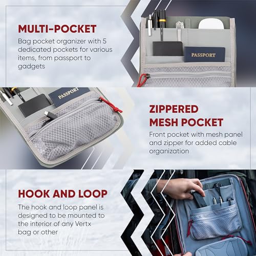 Vertx Admin Organizer Multi Pocket for Backpack, Bag Organization, Hook and Loop Attachment, Grey - One Size