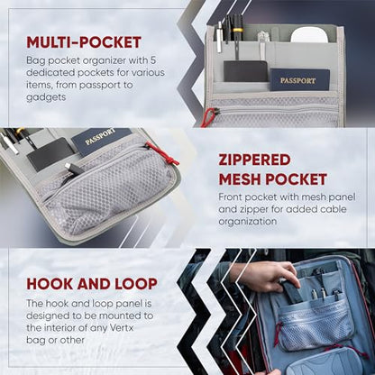 Vertx Admin Organizer Multi Pocket for Backpack, Bag Organization, Hook and Loop Attachment, Grey - One Size