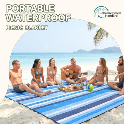 Genovega Waterproof Beach Blanket Picnic Outdoor Mat Rug Registry Wedding Search by Name Couple House Warming 2026 Housewarming Family Hostess Anniversary New Apartment Home Essential Must Have - color: Blue Black Stripe