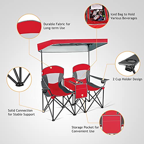 S AFSTAR Double Camping Chair w/Shade Canopy, 2-Person Folding Camp and Beach Chair with Mini Table Beverage Cup Holder Carrying Bag, Collapsible Camping Chairs for Garden Patio Pool Beach - color: Red