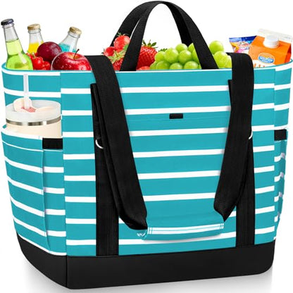 Cooler Bag Insulated, Soft Side Cooler, Reusable Grocery Bags with Zipper Closure, Thermal Leakproof Large Insulated Tote Bag for Hot/Cold Food for Grocery, Beach, Travel, Picnic - color: Lake Blue and White