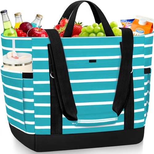 Cooler Bag Insulated, Soft Side Cooler, Reusable Grocery Bags with Zipper Closure, Thermal Leakproof Large Insulated Tote Bag for Hot/Cold Food for Grocery, Beach, Travel, Picnic - color: Lake Blue and White