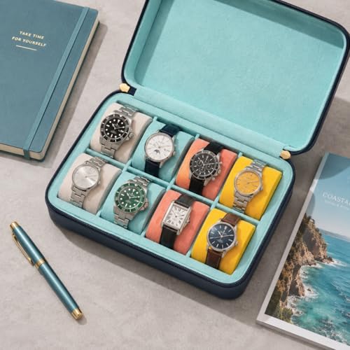 Leather Watch Roll for 8 Watches - Velvet-Lined Travel Case, Luxury Watch Rolls Organizer with Storage & Display for Men (8 Slot-Pool Party Blue) - color: 8 Slot-Pool Party Blue