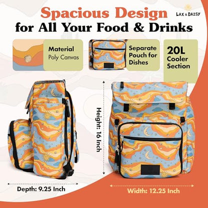 Lax & Daisy Travel Picnic Backpack for 2 Persons - 14 Piece Set Cooler Bags Insulated for Beach, Camping, Hiking & Parks with Blanket, Tumblers, Plates, Gold Cutlery & Cutting Board (Sun Moon Print) - color: Starry Seas
