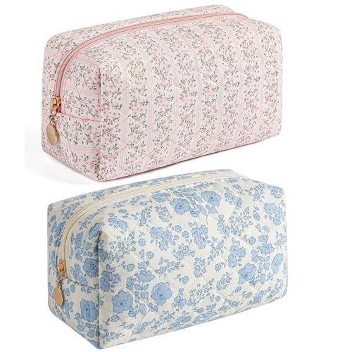 Makeup Travel Cosmetic Bag, Two Pack: Pink+Blue Floral, Zipper Closure, Durable Polyester, Perfect for Toiletry, Makeup, Travel - color: Two Pack: (Pink+Blue Floral)