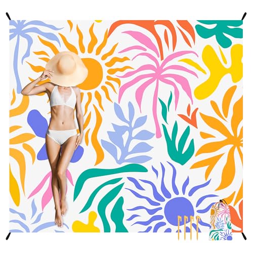 Beach Blanket Waterproof Sandproof, Extra Large Beach Blanket Oversized for Family, Sand Free Beach Mat with Stakes & Storage Bag, Waterproof Picnic Blankets Outdoor Blanket for Camping, Travel & Park - color: Tropical Colored, size: 9x10 FT (1～8 person)